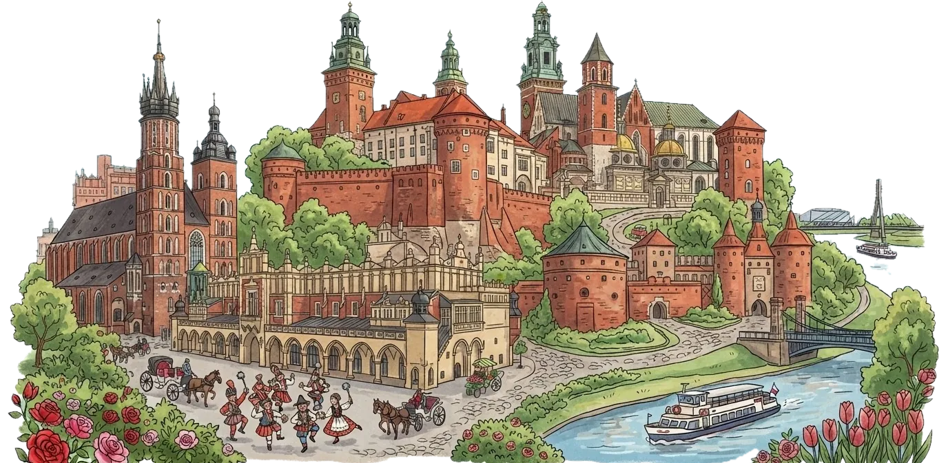 Rysunek symboli Krakowa: kościół Mariacki, Sukiennice, Wawel, Barbakan, Brama Floriańska i Wisła wśród róż